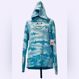 Y2k Sami Ryan Embroidered Smiley Blue Tie Dye Pullover Long Hoodie